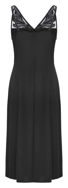 Silk V-Neck Embroidered Sleeveless Waist-Defining Dress | Black