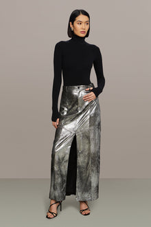 Amur | Jil Midi Leather Skirt | Chrome