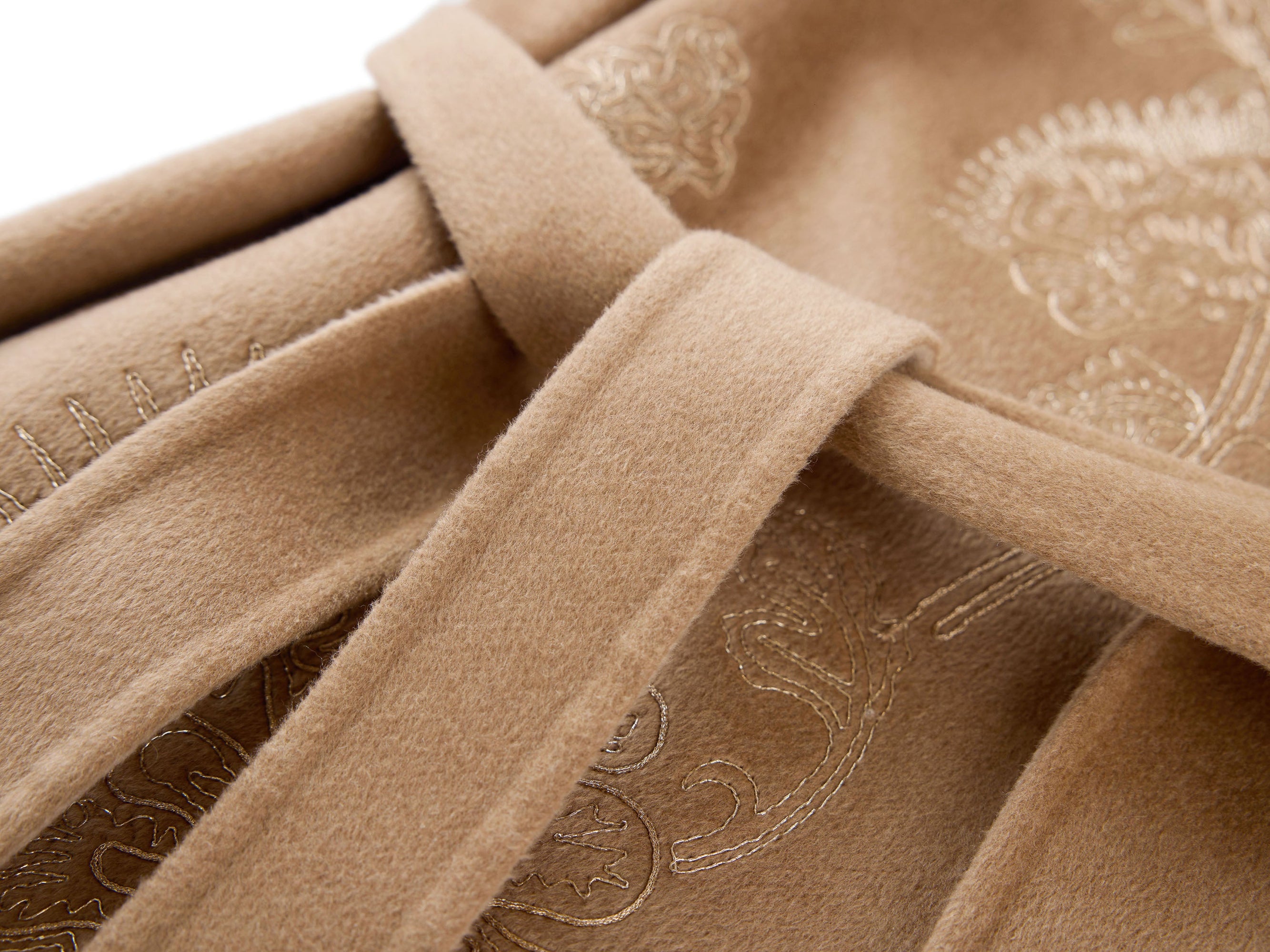 Gold Thread Embroidered Wool Cashmere Blended Coat | Camel