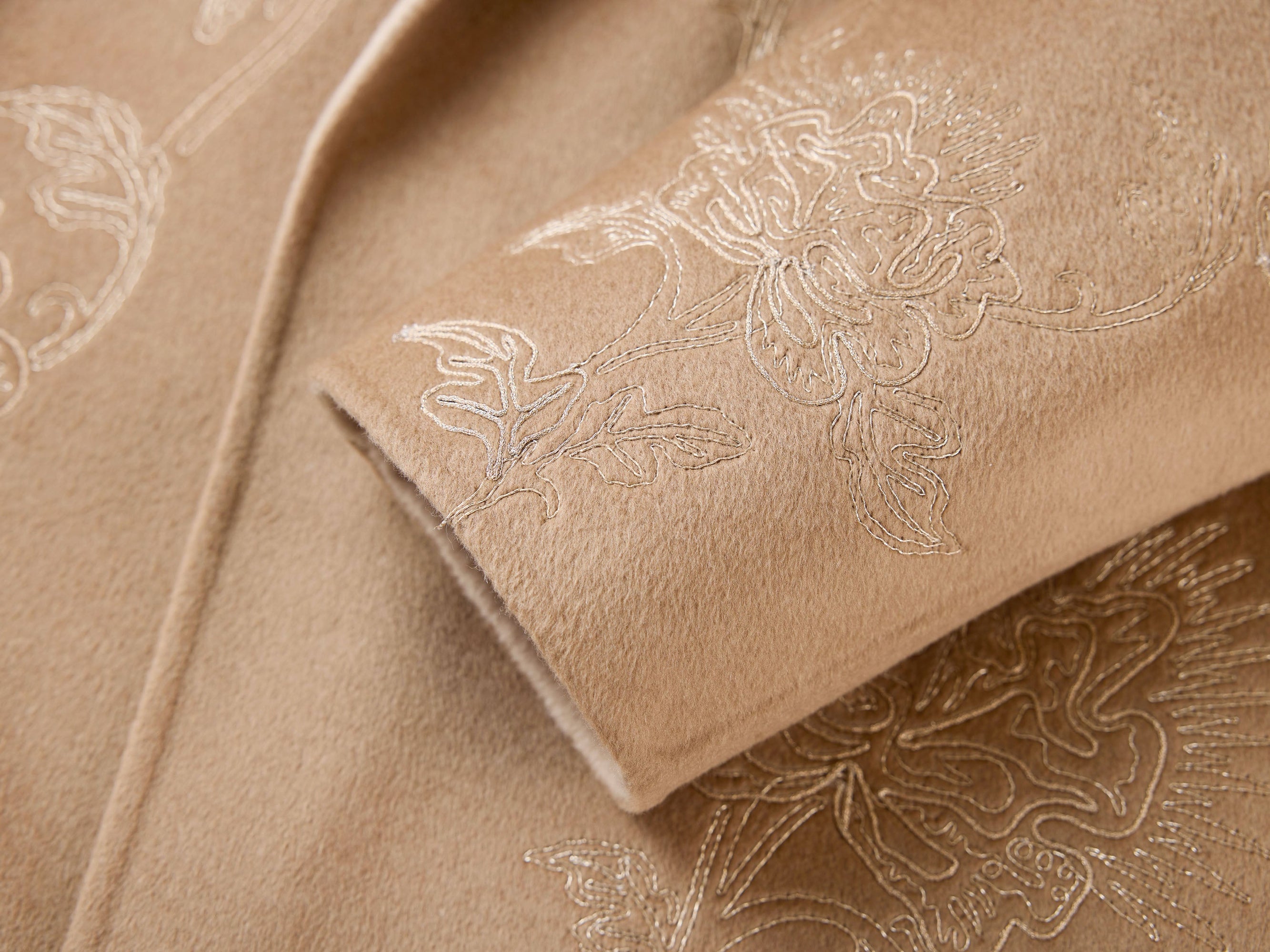 Gold Thread Embroidered Wool Cashmere Blended Coat | Camel