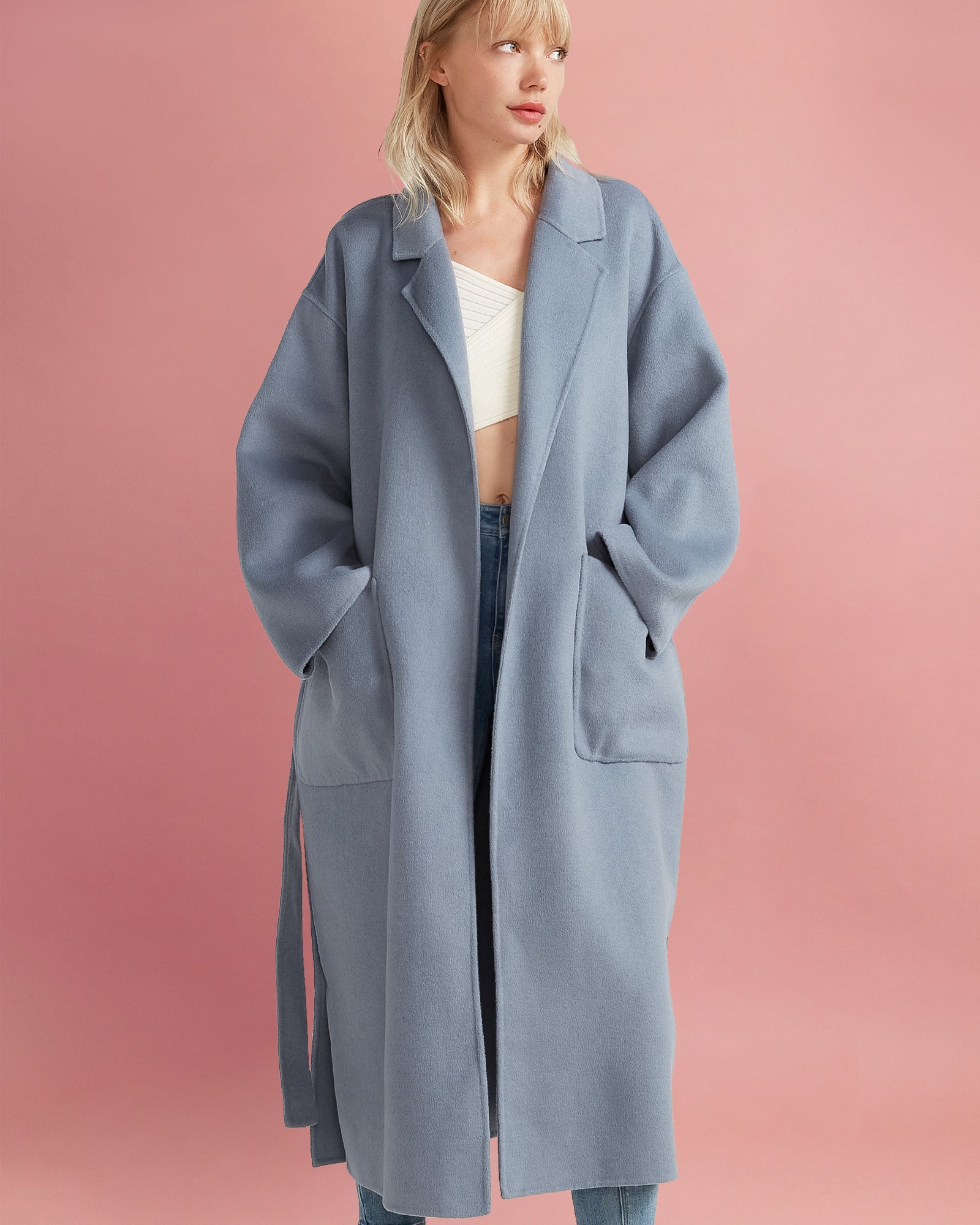 Women | Wide Awake Split Hem Wool Blend Overcoat | Denim Blue