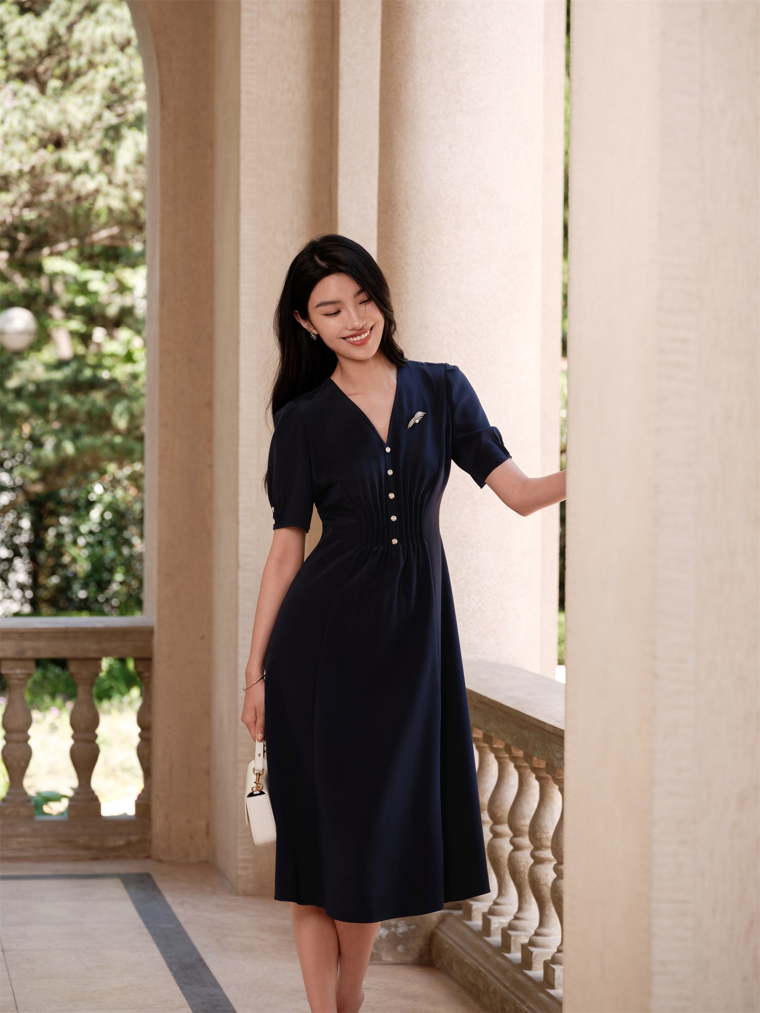 Silk V-Neck Dress | Navy