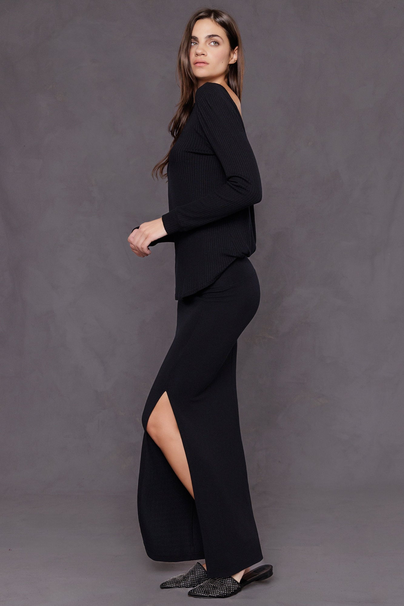 Women | Lightweight Ribbed 2-Fer Drape Top | Black