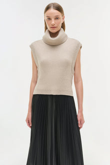 Black pleated midi skirt worn with a beige ribbed turtleneck sleeveless sweater.