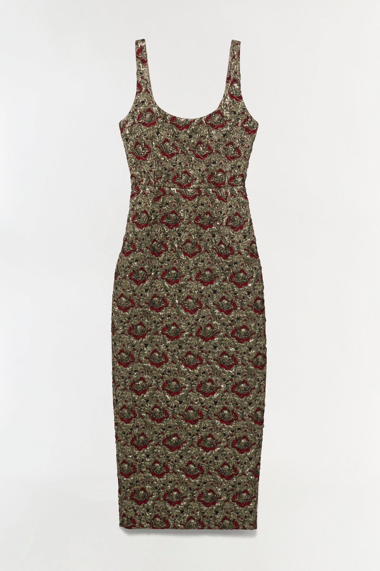 Sleeveless midi dress in gold and burgundy jacquard floral pattern with scoop neckline and fitted silhouette.
