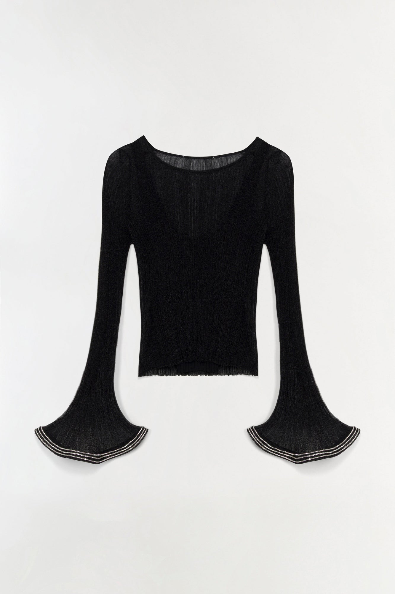 Black metallic plisse top with long flared sleeves and striped cuff details.