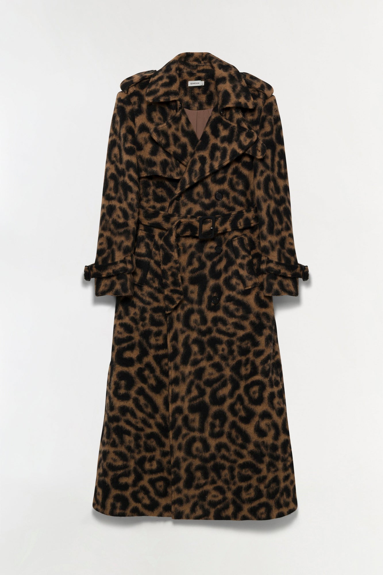 Leopard print wool overcoat with notch collar, button front, and adjustable cuffed sleeves in tan and black.