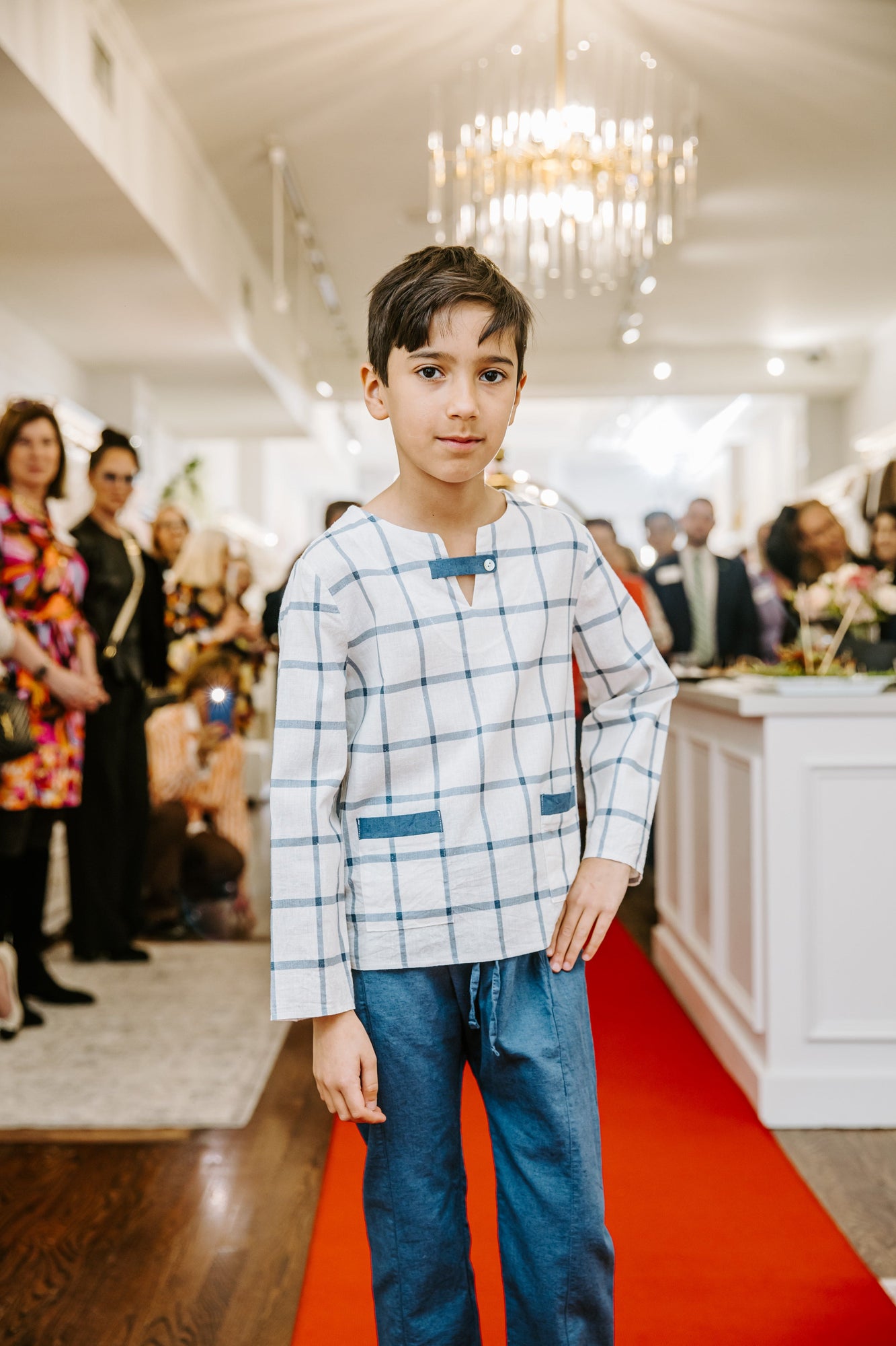 Baby Boys | Checkered Linen Top and Pants Set | White x Blue