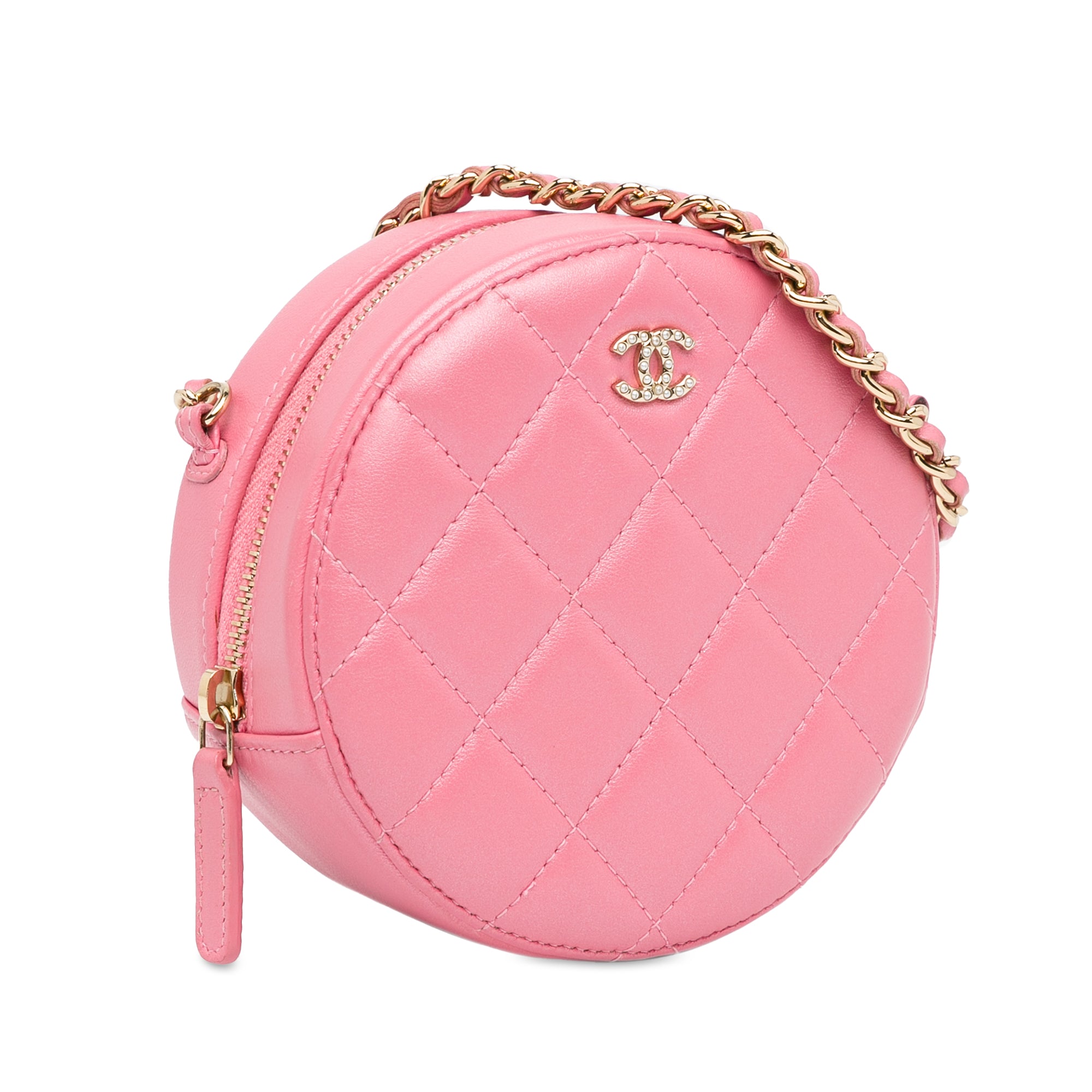 Chanel | Pre-Owned CC Quilted Lambskin Pearl Crush Round Clutch with Chain | Pink