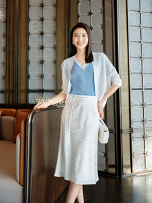 Silk and Acetate V-Neck Color-Blocked Design Dress | Blue