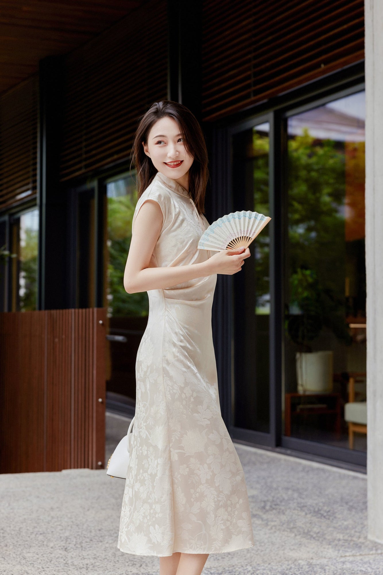 Traditional Style Silk Dress | Beige