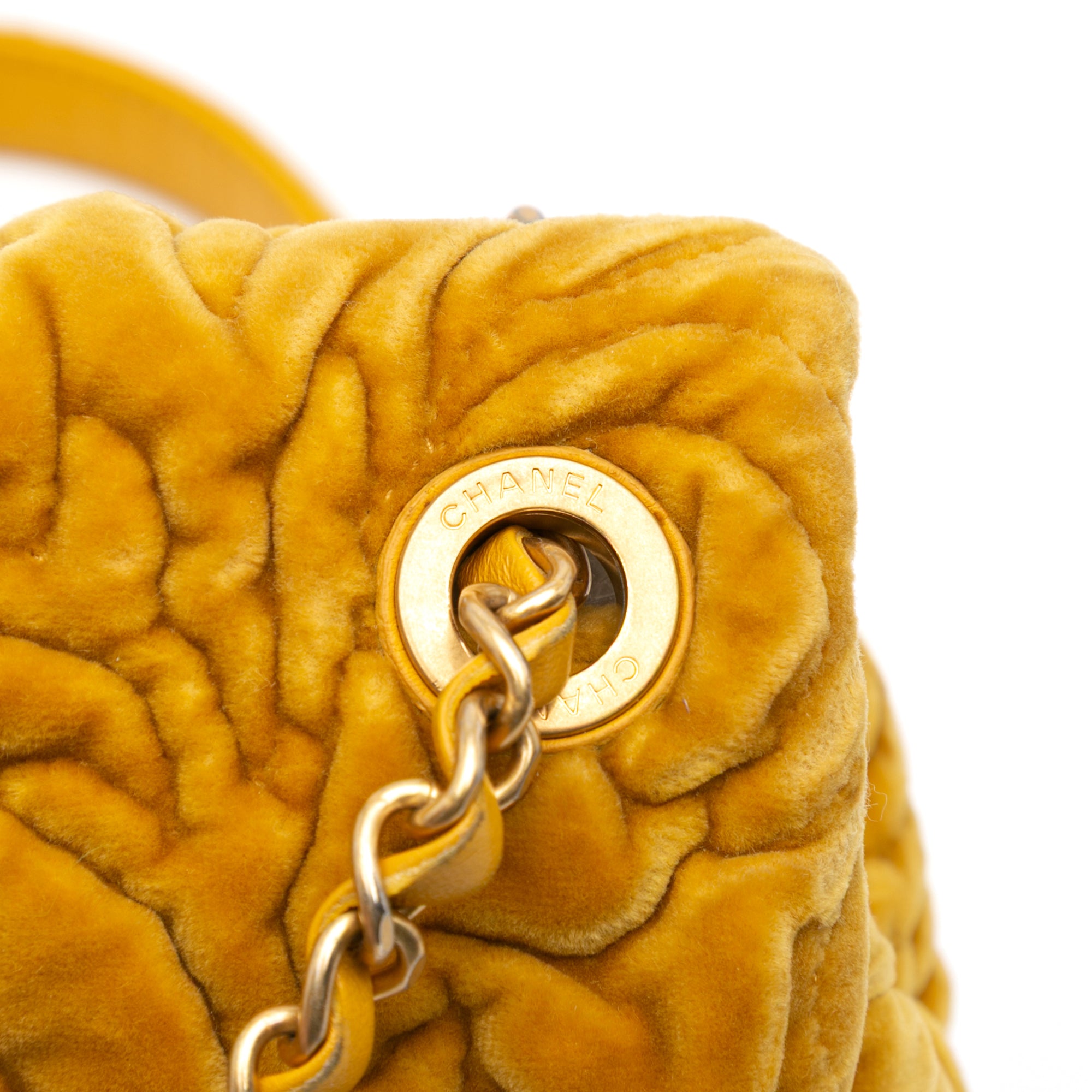 Chanel | Pre-Owned Mini Square Velvet Camellia Embossed Flap | Yellow/Mustard