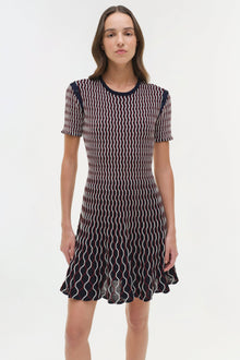 Navy knit mini dress with white wavy vertical stripes, short sleeves, and A-line skirt.