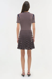 Navy and white wavy striped knit mini dress with short sleeves, shown on model from back view.