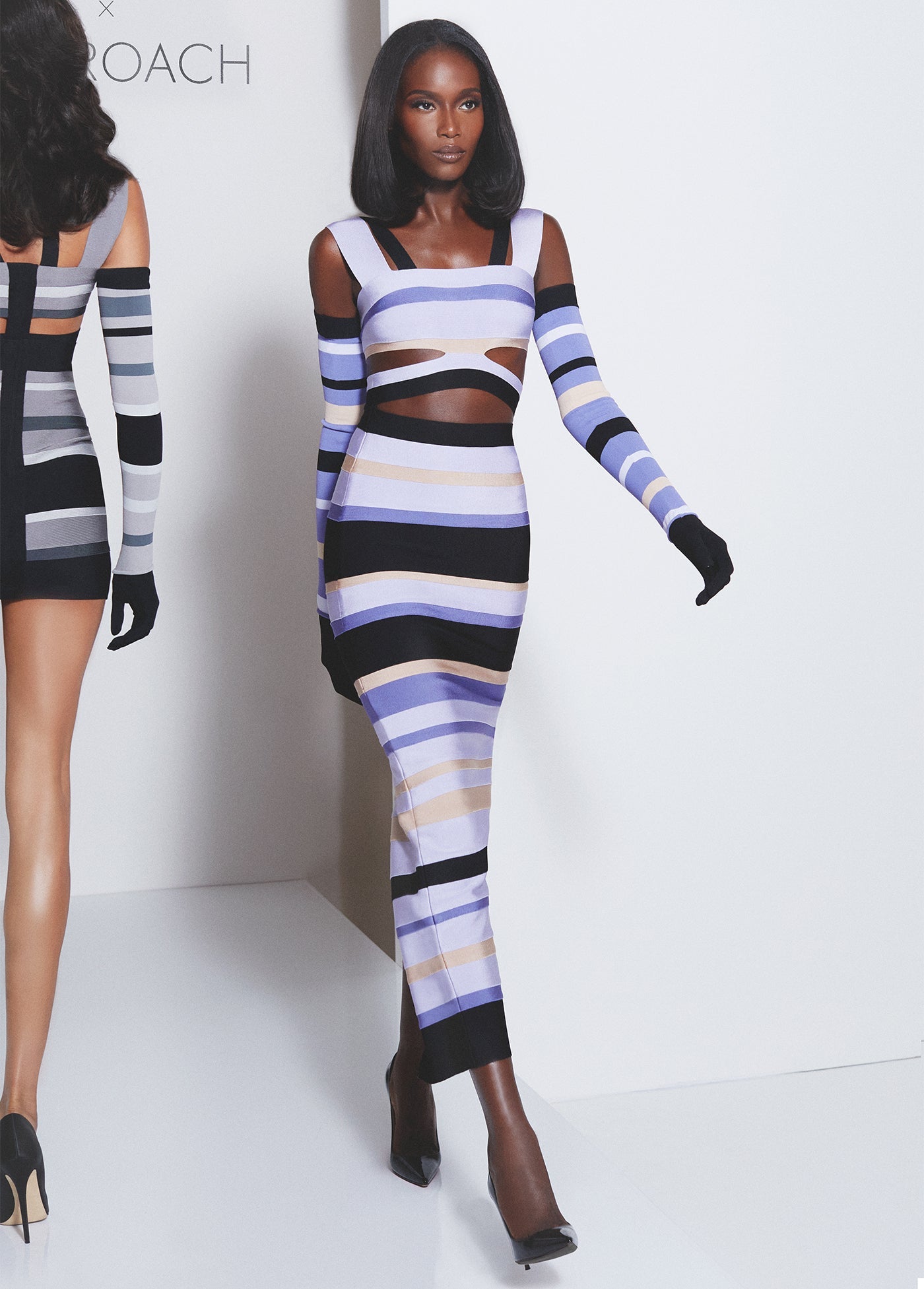 HERVÉ LÉGER X LAW ROACH STRIPED BANDAGE CUTOUT GOWN