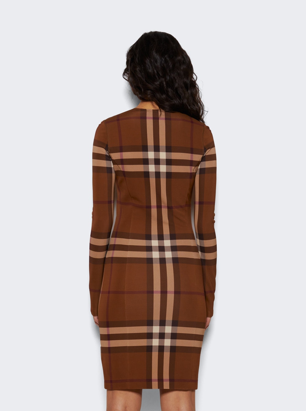 Women | BURBERRY | Check Stretch Long Sleeve Dress | Dark Birch Brown