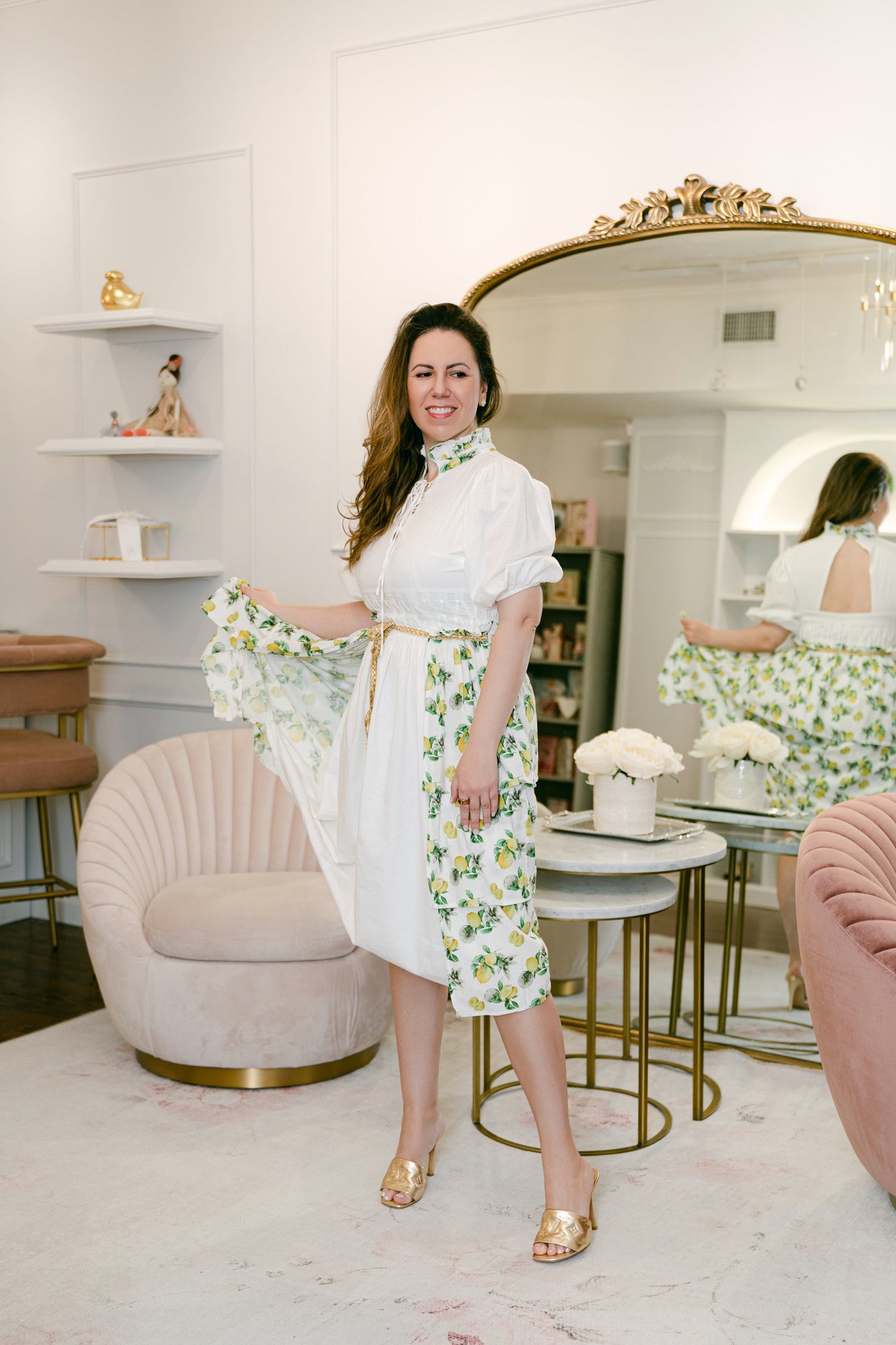 Women | Amalfi Lemon Print Linen Mom Dress | White x Green x Yellow