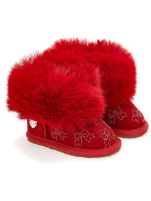 Girls | Crust Leather Boots With Rhinestone Bows | Ruby
