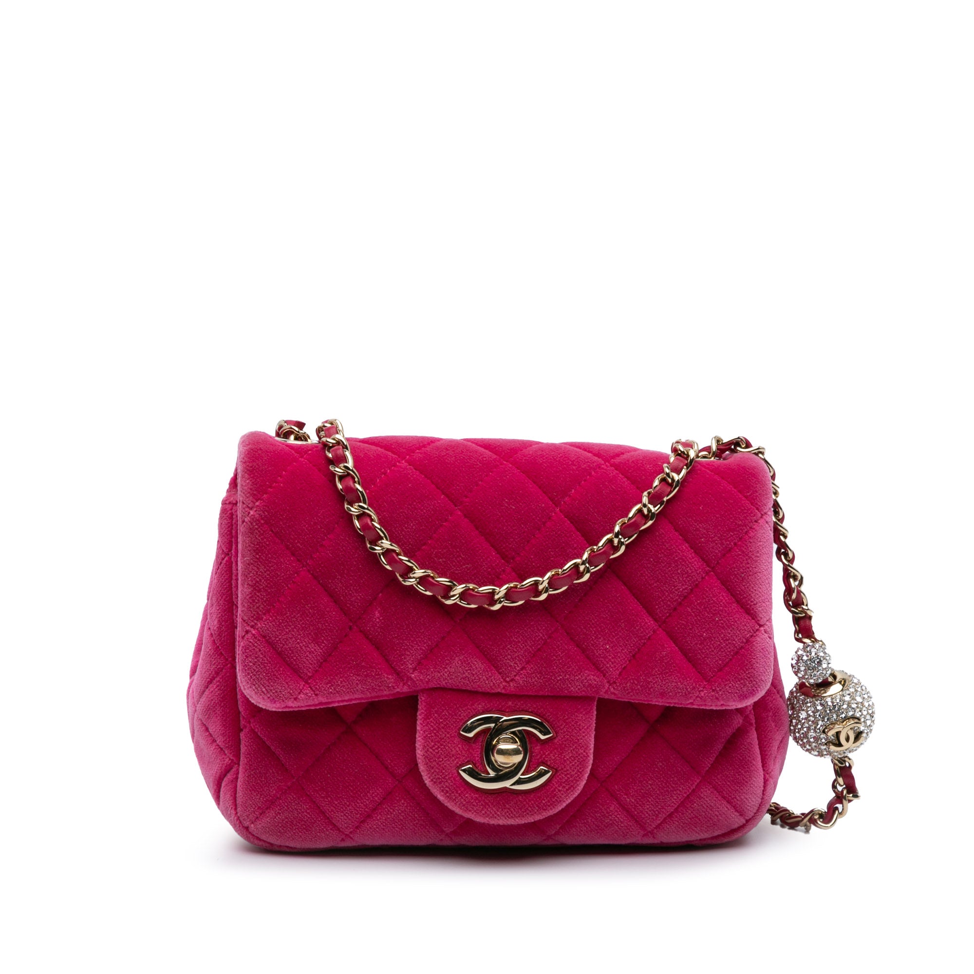 Chanel | Pre-Owned Mini Square Classic Velvet Pearl Crush Single Flap | Pink/Dark Pink