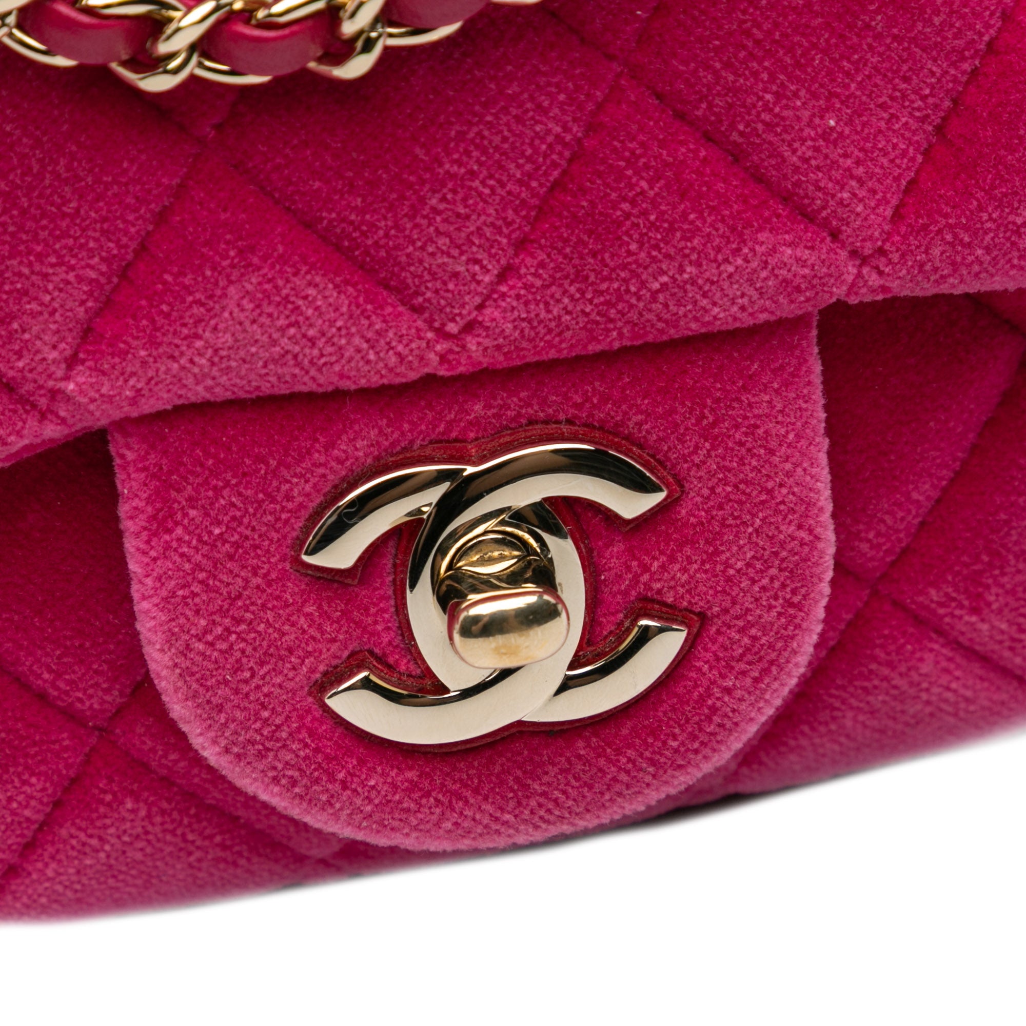 Chanel | Pre-Owned Mini Square Classic Velvet Pearl Crush Single Flap | Pink/Dark Pink
