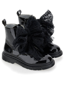 Girls | Leather Combat Boots With Tulle Bows | Black