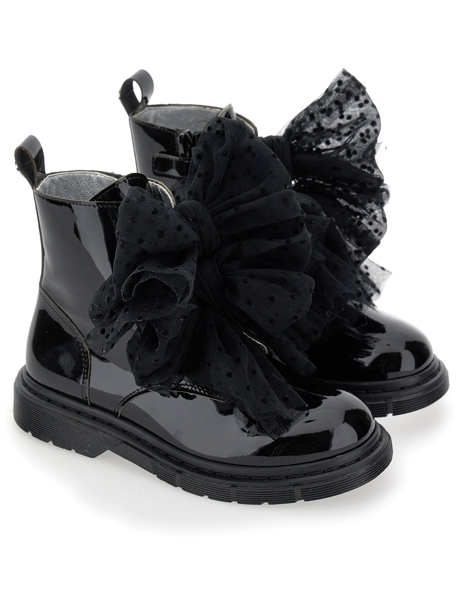 Girls | Leather Combat Boots With Tulle Bows | Black