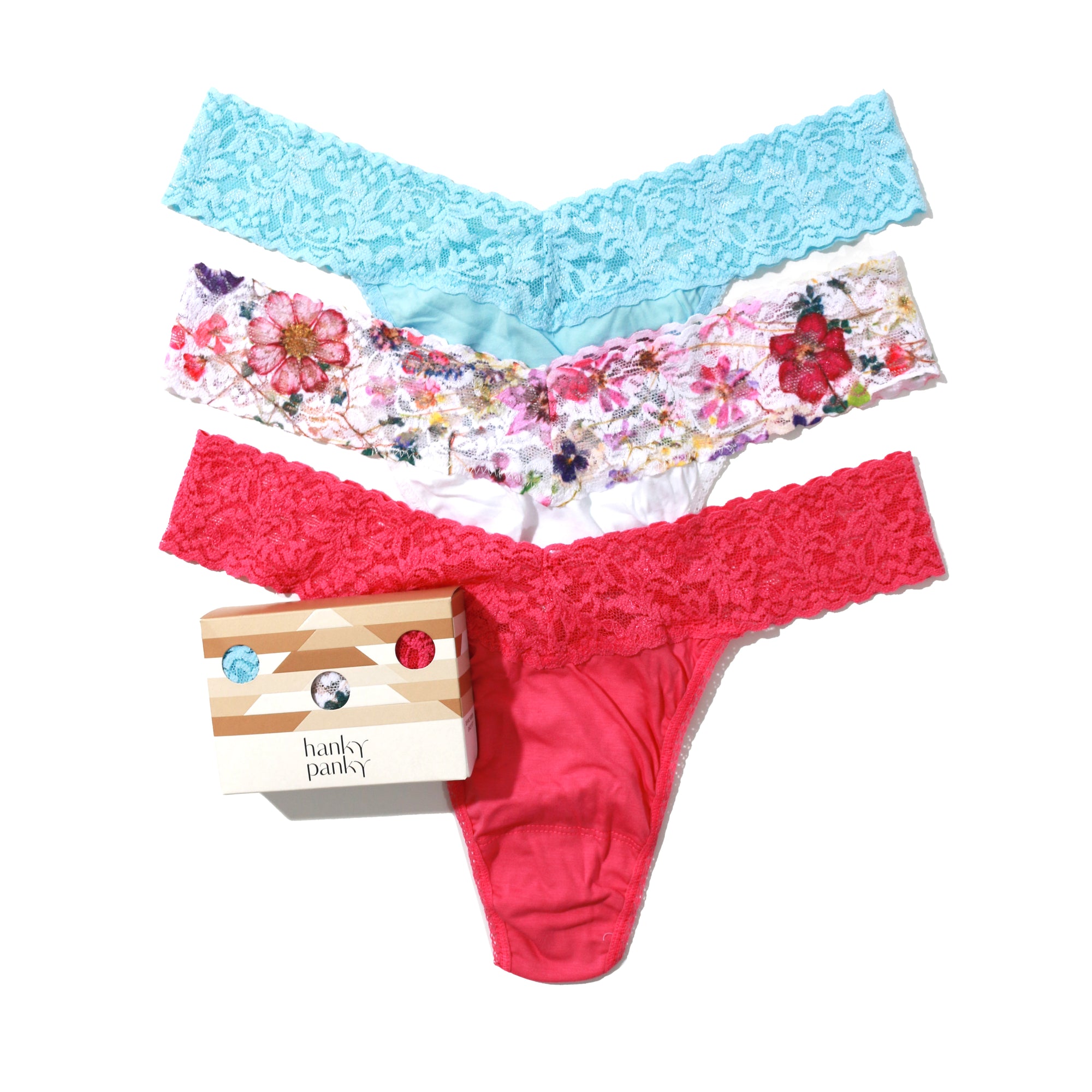 3-Pack Cotton Original Rise Thong | Butterfly Blue/White-Pressed Bouquet/Wild Pink