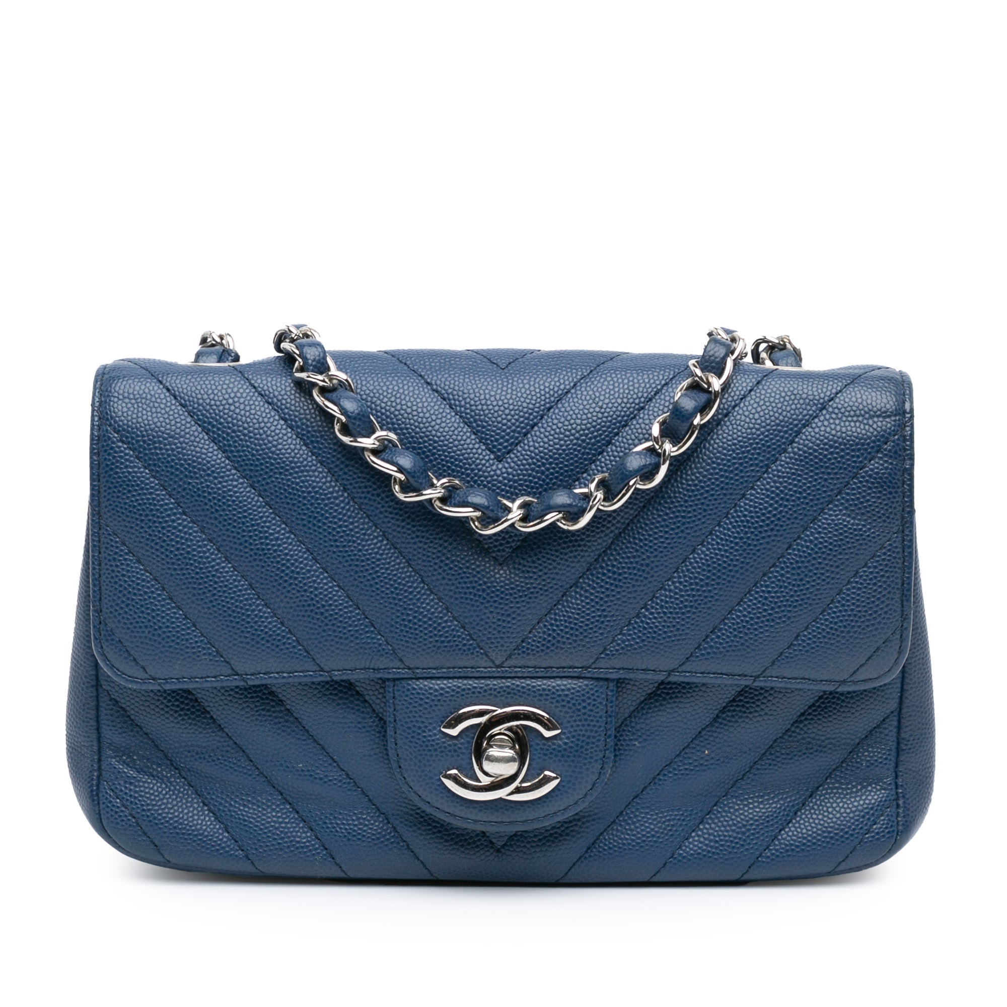 Chanel | Pre-Owned Mini Rectangular Classic Chevron Caviar Single Flap | Blue/Dark Blue