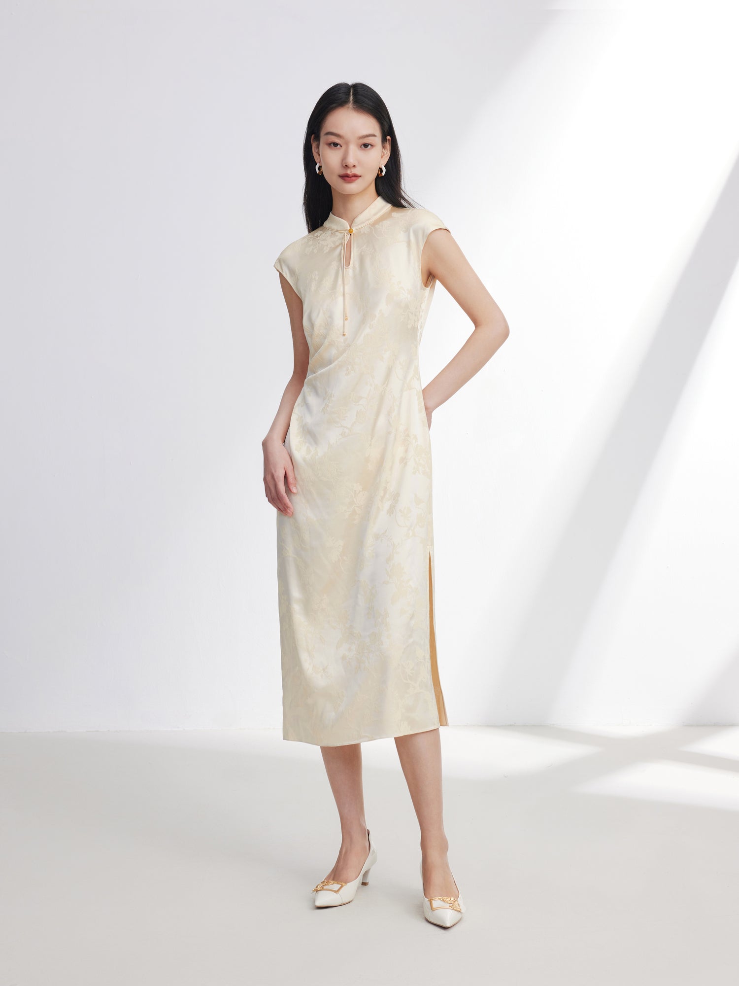 Traditional Style Silk Dress | Beige