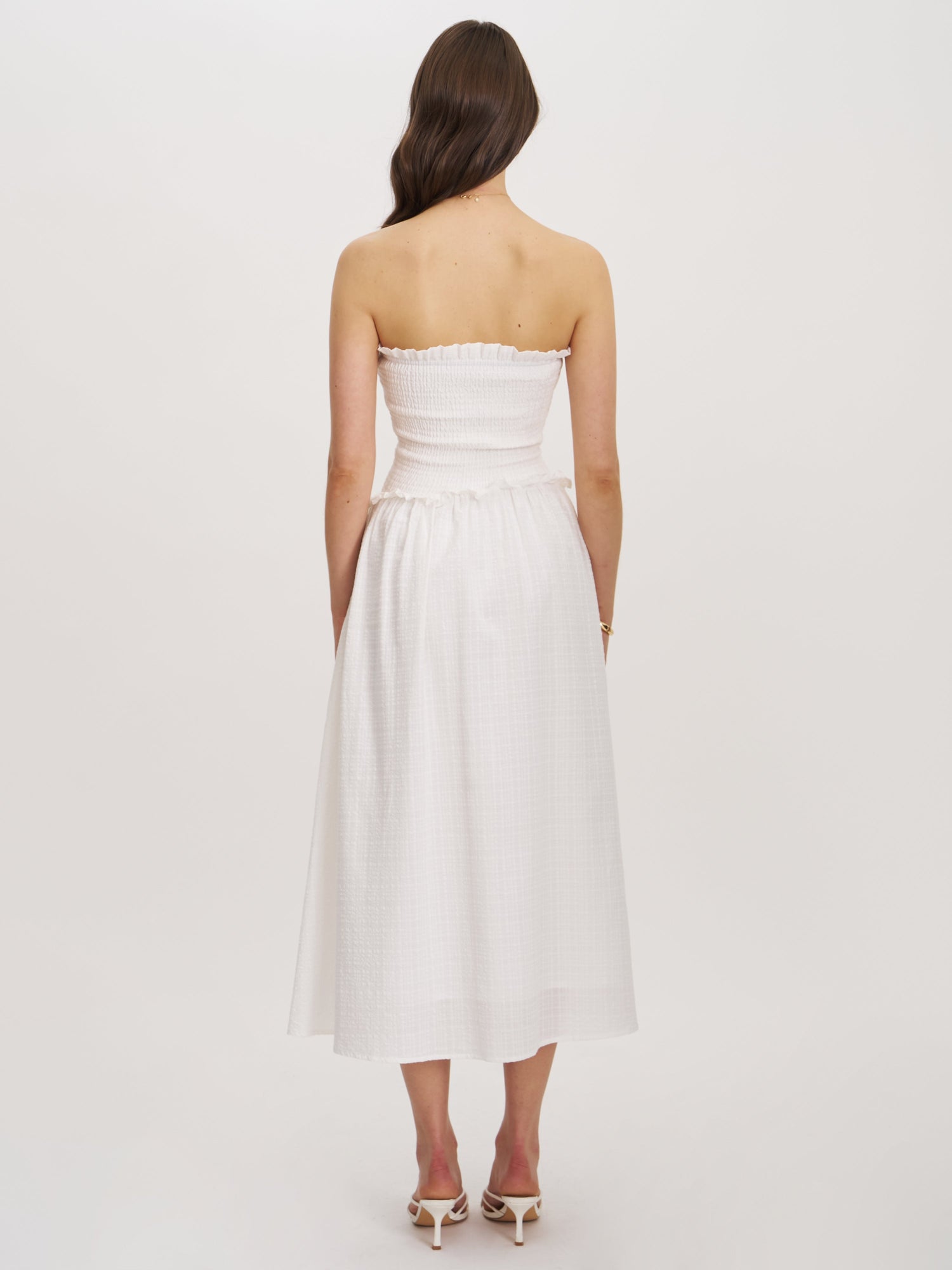 Quadiya Cotton Seersucker Smocked Strapless Midi Dress | White