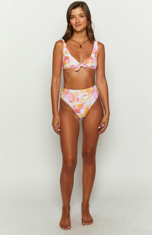 Wavy sun multi-print bikini top with a scoop neckline and a central knotted detail
