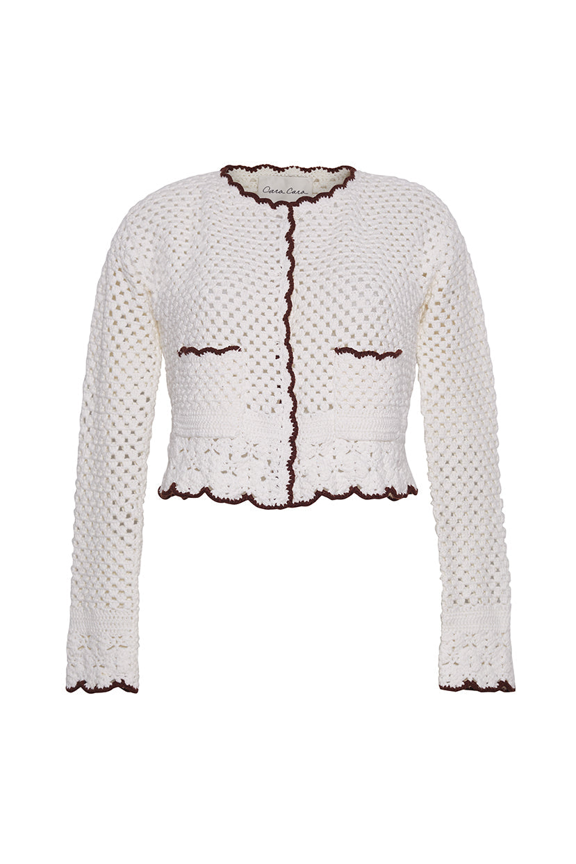 Alma Cardigan | Ivory Coffee Scallop Trim