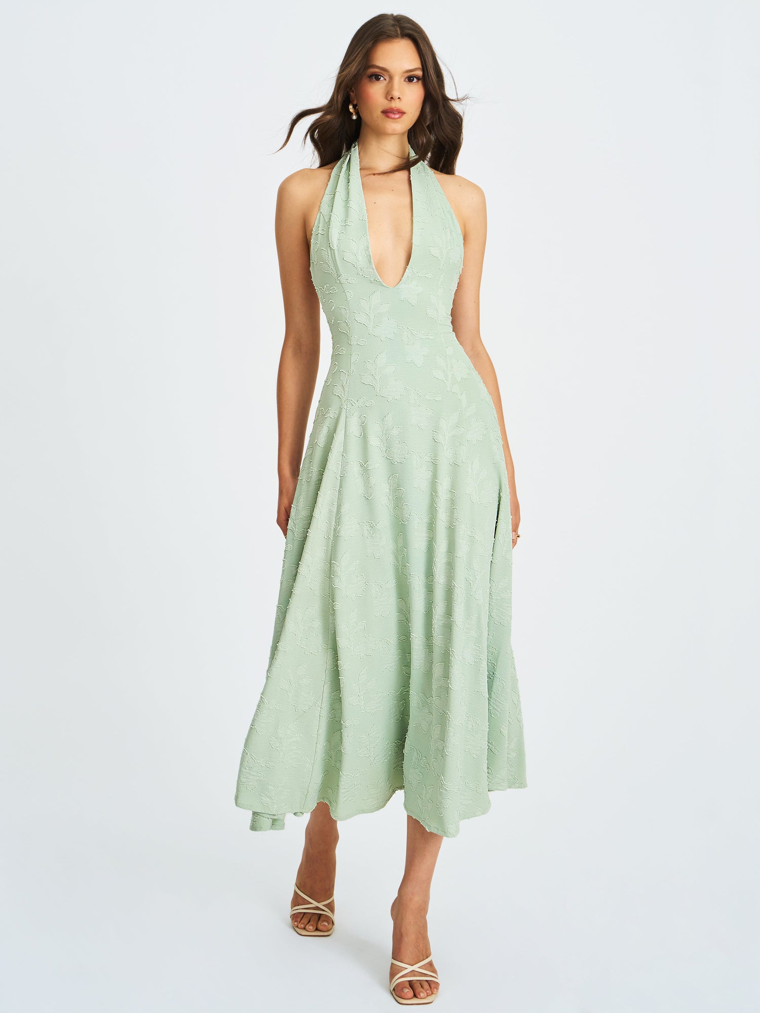 Magda Deep V Neck Halter A-line Midi Dress | Mint Green