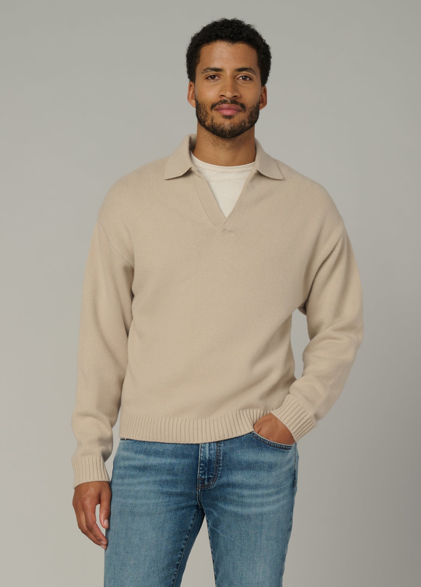 Relaxed Polo Sweater in Simply Taupe with soft fabric and relaxed fit – stylish and comfortable men's cardigan sweaters