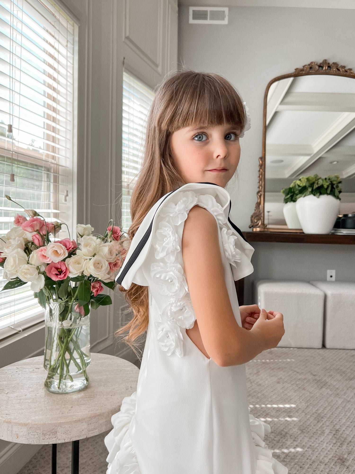 Baby Girls | Alex Ruffle Dress with Contrast Line | White & Black