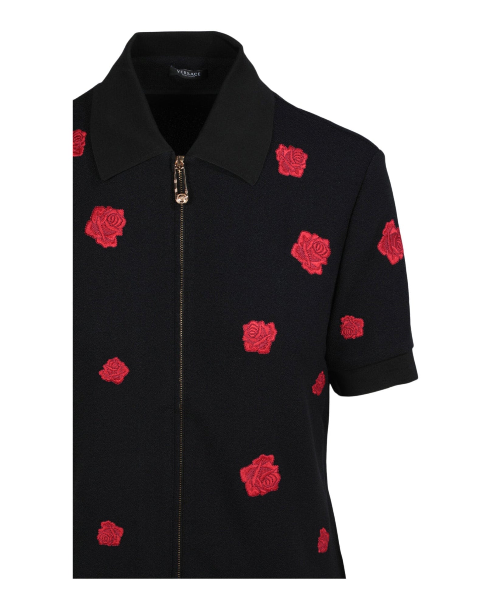 Versace | Zip Up Rose Embroidered Short Sleeve Shirt