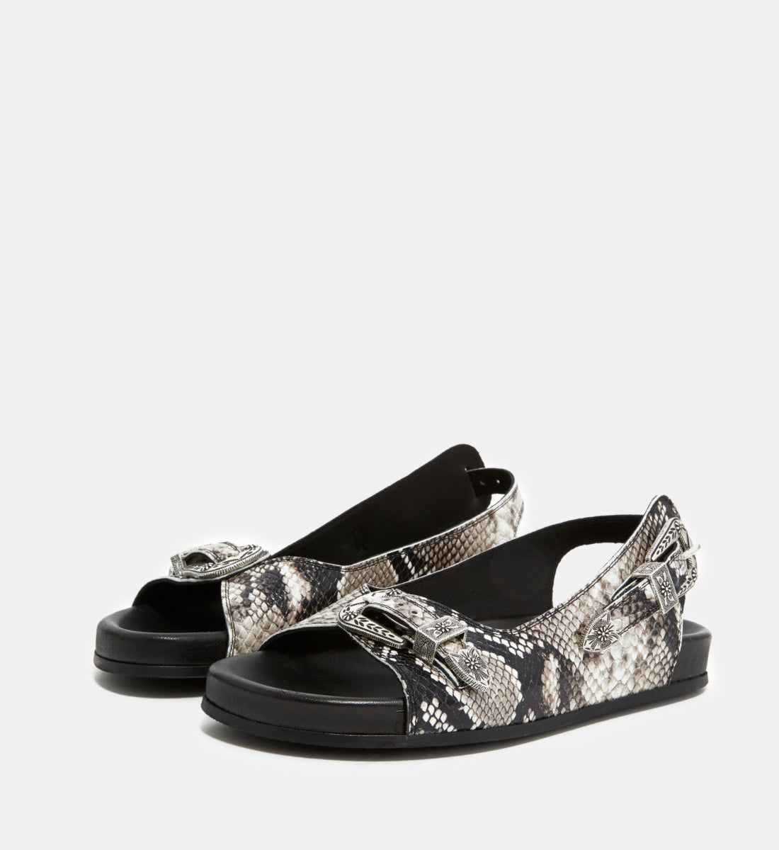 Flat Gray & Leather Sandals With Motif | Women | Black Grey