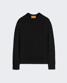 Allday Cable Crew - Black men's crew neck sweater with aran cable stitch, rib cuffs, and cashmere wool blend.