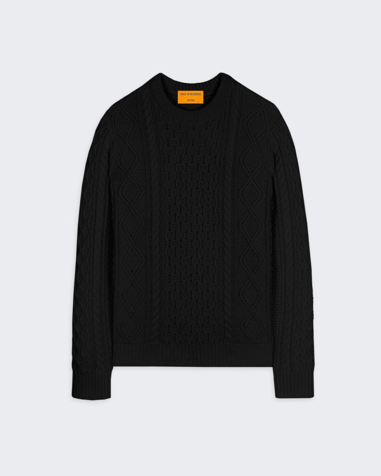 Allday Cable Crew - Black men's crew neck sweater with aran cable stitch, rib cuffs, and cashmere wool blend.