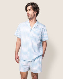 Men's Twill Pajama Short Set in Light Blue Gingham in Light Blue Gingham#Color_Light Blue Gingham