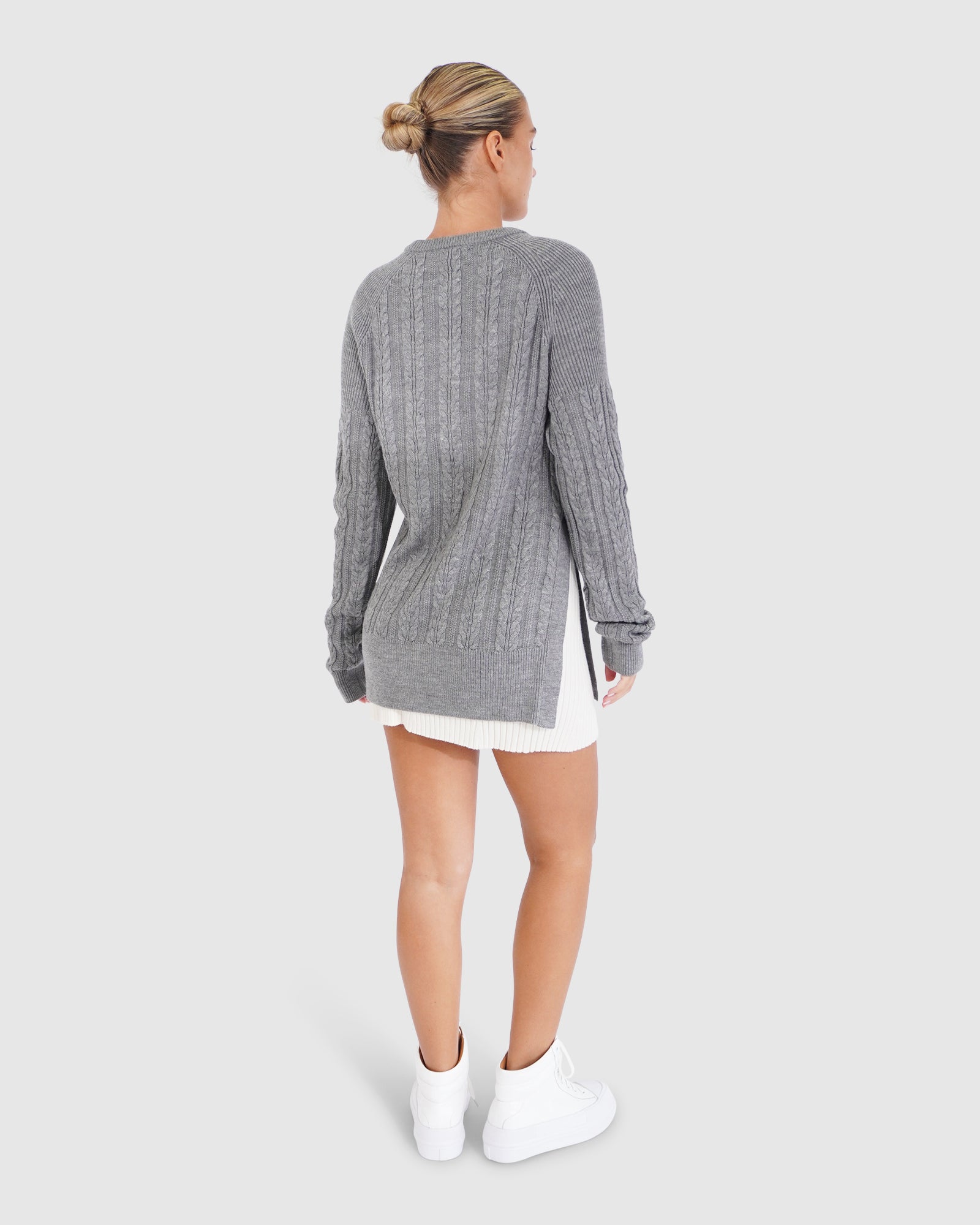 Women | At Last Cable Knit Jumper with Slit | Grey Marle
