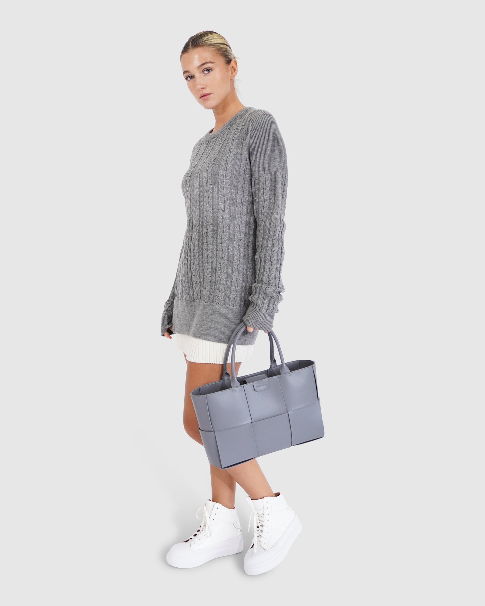 Women | At Last Cable Knit Jumper with Slit | Grey Marle