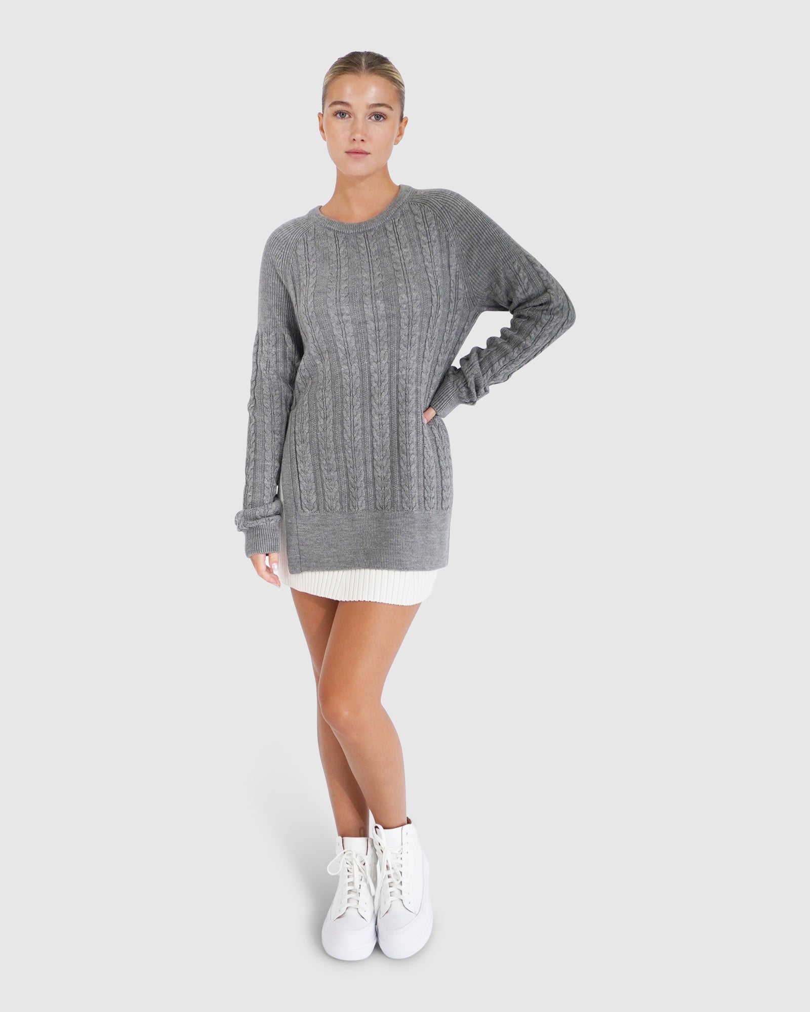 Women | At Last Cable Knit Jumper with Slit | Grey Marle
