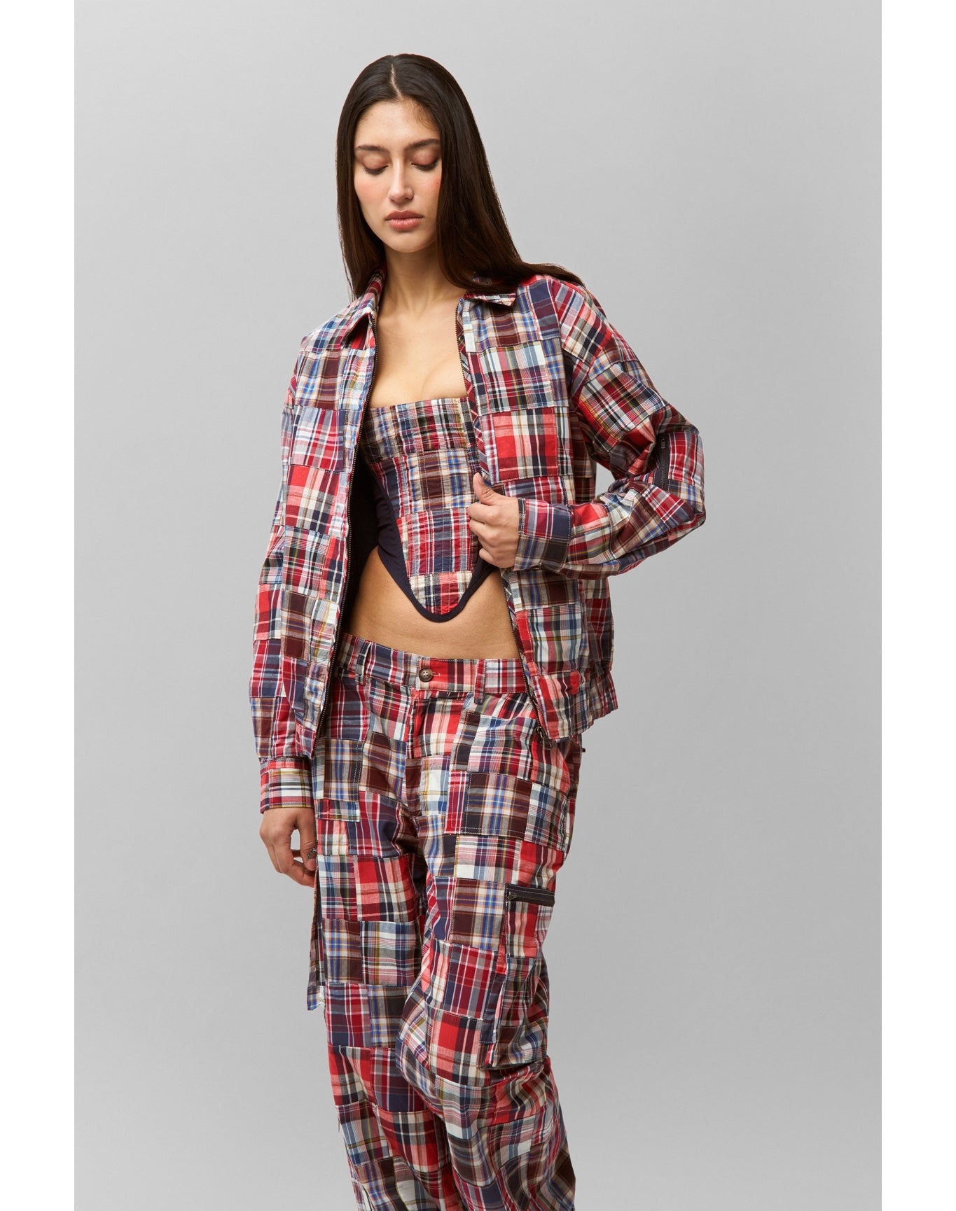 Adrian Patchwork Bomber | Blue Multi Plaid