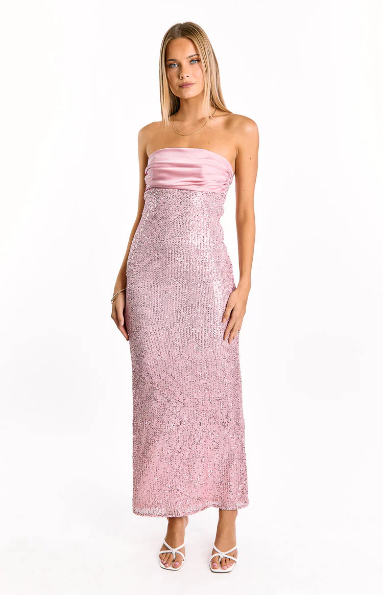 Alliana Sequin Strapless Formal Maxi Dress | Pink