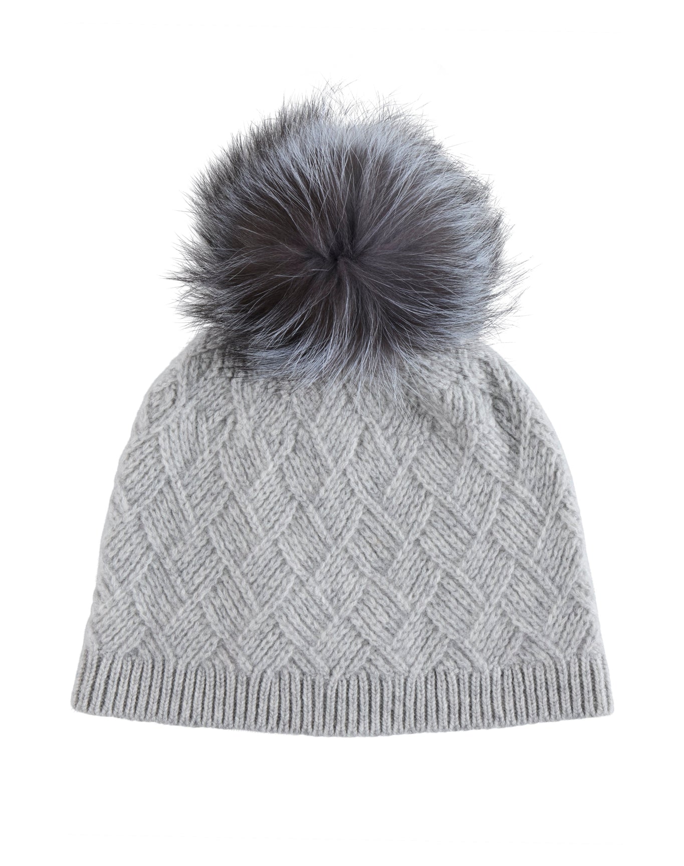 Amicale Cashmere | Women | Cashmere Basketweave Rib Hat W/ Fox Pom | Grey