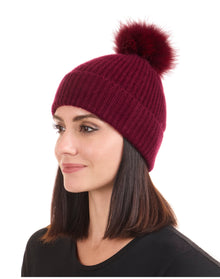 Amicale Cashmere | Women | Cashmere Chunky Rib Knit Hat With Fox Pom | Bordeaux