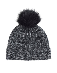 Amicale Cashmere | Women | Cashmere Marl Ladderstitch Fox Pom Hat | Black