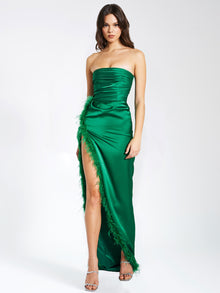 Perrin Emerald Feather Dress High Slit Gown | Green