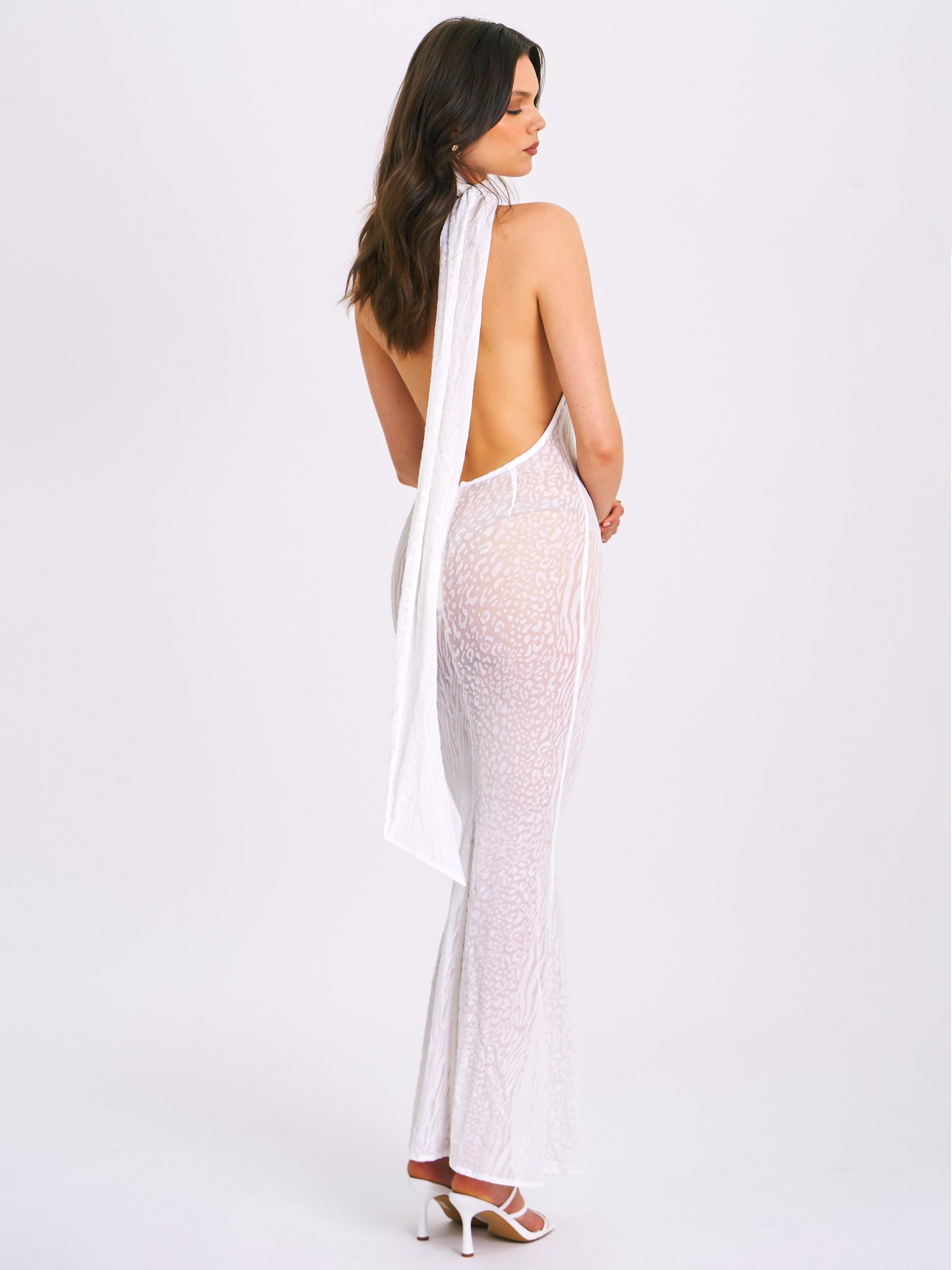 Olena Burnout Velvet Animal Print Mesh Halter Neck Maxi Dress | White